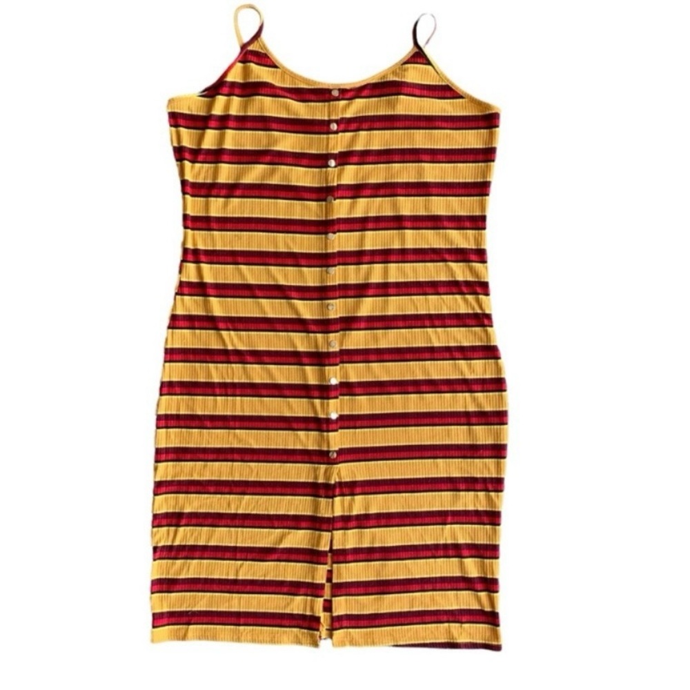 LU NYC Vibrant Yellow and Red Striped Ribbed Sleeveless Dress